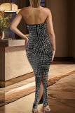 Black Celebrities Backless Slit Hot Drill Patchwork Strapless Long Dresses