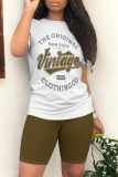Black Casual Cartoon Print Letter Print O Neck Short Sleeve Two Pieces