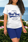Black Casual Cartoon Print Letter Print O Neck Short Sleeve Two Pieces