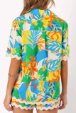 Green Casual Print Buckle Patchwork Turndown Collar Half Sleeve Two Pieces