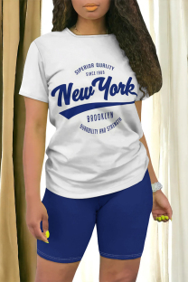 White Blue Casual Cartoon Print Letter Print O Neck Short Sleeve Two Pieces