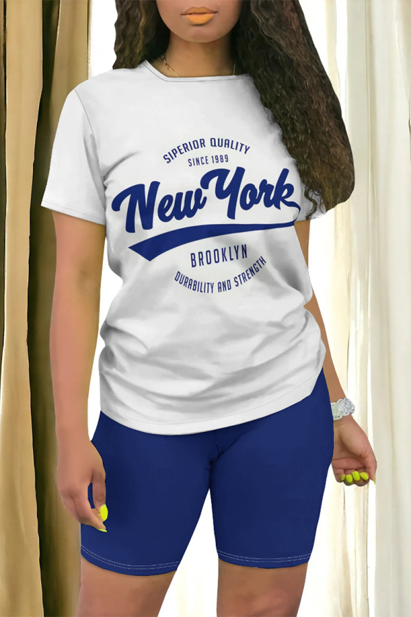 White Blue Casual Cartoon Print Letter Print O Neck Short Sleeve Two Pieces