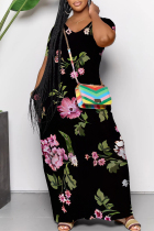 Black Casual Street Floral Print Pocket Contrast V Neck Printed Dresses