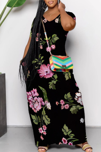 Black Casual Street Floral Print Pocket Contrast V Neck Printed Dresses