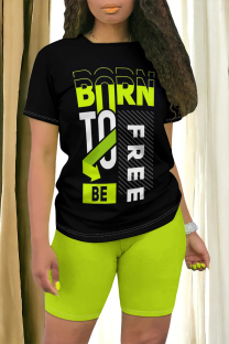 Black Green Casual Cartoon Print Letter Print O Neck Short Sleeve Two Pieces