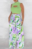 Light Green Casual Print Hollow Out Half A Turtleneck Sleeveless Two Pieces