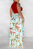 Light Green Casual Print Hollow Out Half A Turtleneck Sleeveless Two Pieces