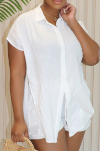 White Casual Solid Color Buckle Patchwork Turndown Collar Short Sleeve Two Pieces