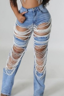 Light Blue Casual Patchwork Ripped Chains Mid Waist Straight Denim Jeans