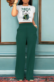 Green Casual Daily Animal Print Pocket O Neck Short Sleeve Two Pieces