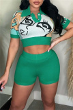 Green Casual Patchwork Basic Turndown Collar Short Sleeve Two Pieces