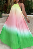 Rose Red Casual Gradient Print Backless Patchwork Halter Long Dresses