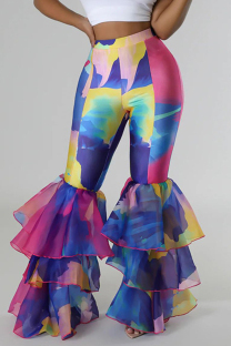 Blue Yellow Street Print Patchwork Ruffle Hem Boot Cut Mid Waist Speaker Full Print Bottoms