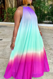 Rose Red Casual Gradient Print Backless Patchwork Halter Long Dresses