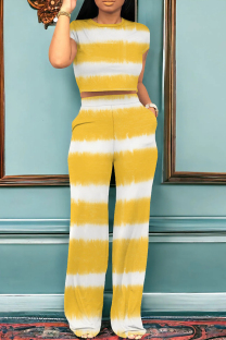 Yellow Casual Tie Dye Pocket Patchwork O Neck Short Sleeve Two Pieces