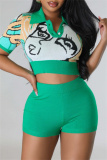 Green Casual Patchwork Basic Turndown Collar Short Sleeve Two Pieces