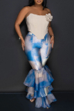 Blue White Street Print Patchwork Ruffle Hem Boot Cut Mid Waist Speaker Full Print Bottoms