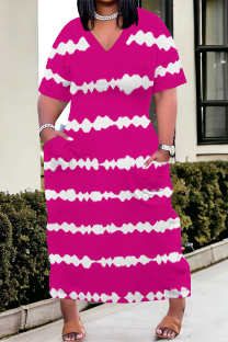 Rose Red Casual Daily Striped Print Pocket Contrast V Neck Printed Plus Size Dresses