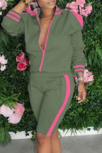 Green Casual Patchwork Hollowed Out Contrast Zipper Collar Long Sleeve Two Pieces