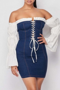 Blue Casual Patchwork Lace Up Backless Contrast Off Shoulder Long Sleeve Bodycon Denim Dresses