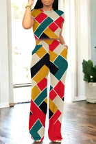 Multicolor Casual Daily Geometric Print Pocket Contrast O Neck Short Sleeve Two Pieces