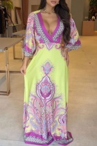 Yellow Casual Print Patchwork V Neck Long Dresses