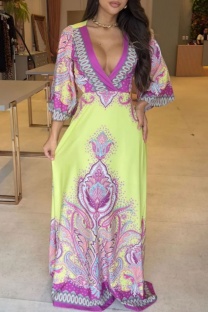 Yellow Casual Print Patchwork V Neck Long Dresses