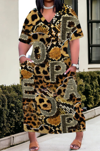 Leopard Print Casual Daily Leopard Print Plants Print Pocket Contrast V Neck Printed Plus Size Dresses