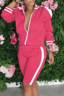 Rose Red Casual Patchwork Hollowed Out Contrast Zipper Collar Long Sleeve Two Pieces