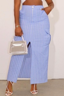 Blue Casual Striped Print Slit Bodycon High Waist Conventional Full Print Skirts
