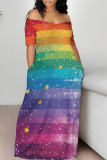 Multicolor Casual The stars Ombre Rainbow Contrast Off Shoulder Printed Dresses