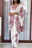 White Casual Print Buckle Patchwork V Neck Long Sleeve Two Pieces