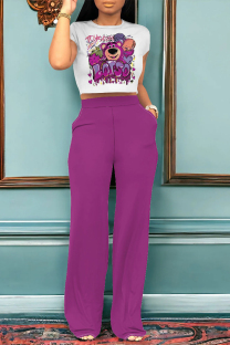 Purple Casual Daily Animal Print Pocket O Neck Short Sleeve Two Pieces