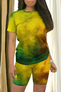 Green Yellow Casual Daily Gradient Print Contrast O Neck Short Sleeve Two Pieces