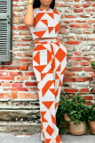Cream White Casual Daily Geometric Print Graffiti Print Pocket Contrast O Neck Short Sleeve Two Pieces