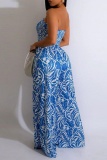 Blue Sexy Casual Print Strapless Bodycon Jumpsuits