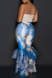 Blue White Street Print Patchwork Ruffle Hem Boot Cut Mid Waist Speaker Full Print Bottoms