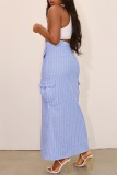 Blue Casual Striped Print Slit Bodycon High Waist Conventional Full Print Skirts