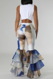 Blue White Street Print Patchwork Ruffle Hem Boot Cut Mid Waist Speaker Full Print Bottoms