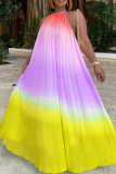 Rose Red Casual Gradient Print Backless Patchwork Halter Long Dresses