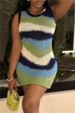 Green Casual Patchwork Contrast O Neck Sleeveless Dresses
