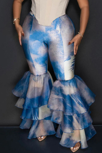 Blue White Street Print Patchwork Ruffle Hem Boot Cut Mid Waist Speaker Full Print Bottoms