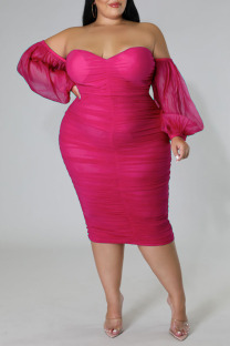 Rose Red Sexy Solid Color Backless Slit Off Shoulder Wrapped Skirt Plus Size Dresses