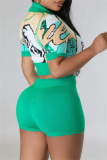 Green Casual Patchwork Basic Turndown Collar Short Sleeve Two Pieces
