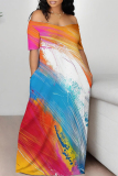 Multicolor Casual The stars Ombre Rainbow Contrast Off Shoulder Printed Dresses