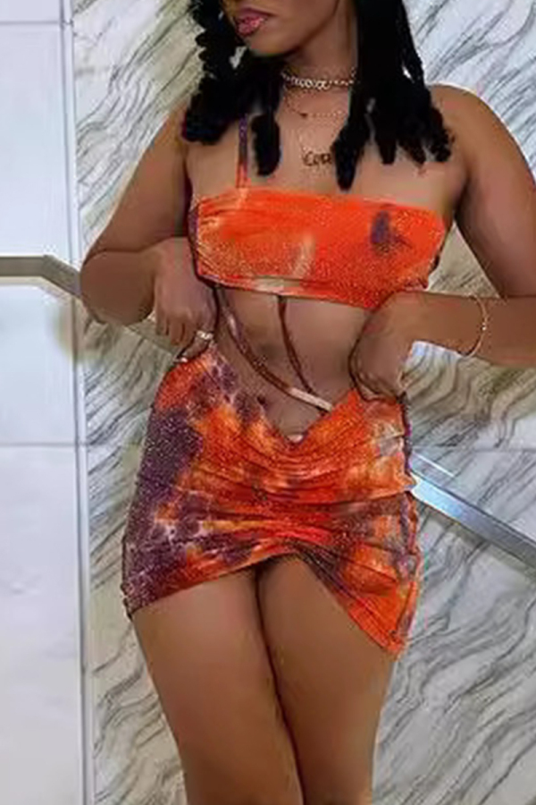 Watermelon Red Sexy Print Backless Ruched Patchwork Spaghetti Strap Wrapped Skirt Dresses