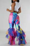 Blue White Street Print Patchwork Ruffle Hem Boot Cut Mid Waist Speaker Full Print Bottoms
