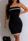 Black Sexy Casual Ripple Patchwork Backless Contrast Strapless Wrapped Skirt Dresses