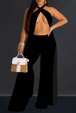 Yellow Sexy Solid Color Hollow Out Backless Patchwork Halter Sleeveless Two Pieces