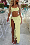 Yellow Sexy Solid Color Backless High Slit Patchwork Spaghetti Strap Sleeveless Two Pieces